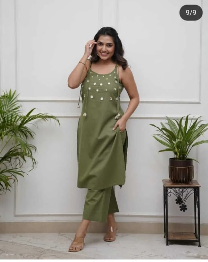 Green Cotton Sleeveless Kurti Pant Set