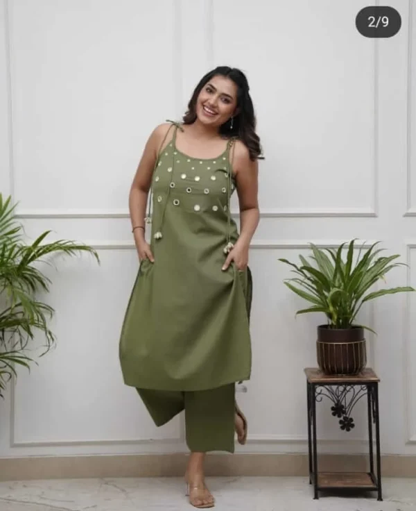 Green Cotton Sleeveless Kurti Pant Set