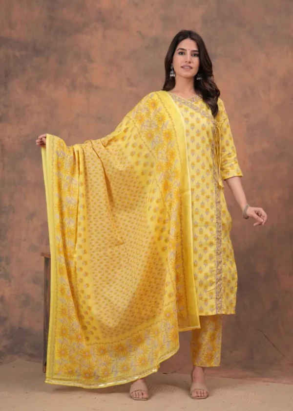 Yellow Printed Cotton Suit Set