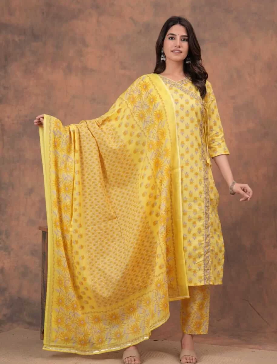 Yellow Printed Cotton Suit Set