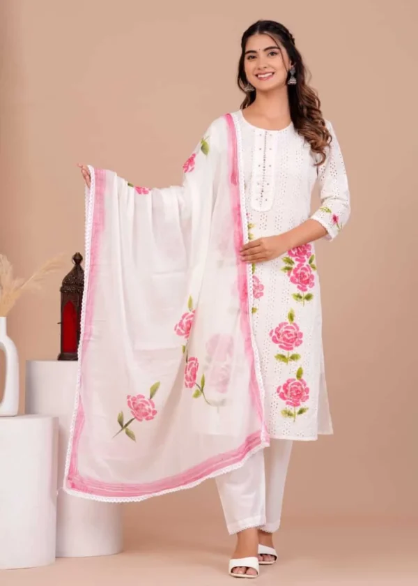 White Cotton Chikankari Suit Set