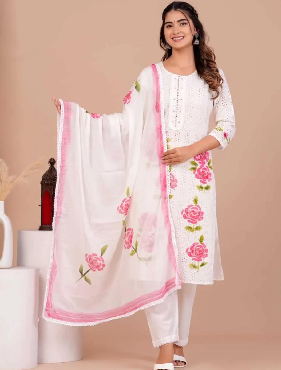 White Cotton Chikankari Suit Set