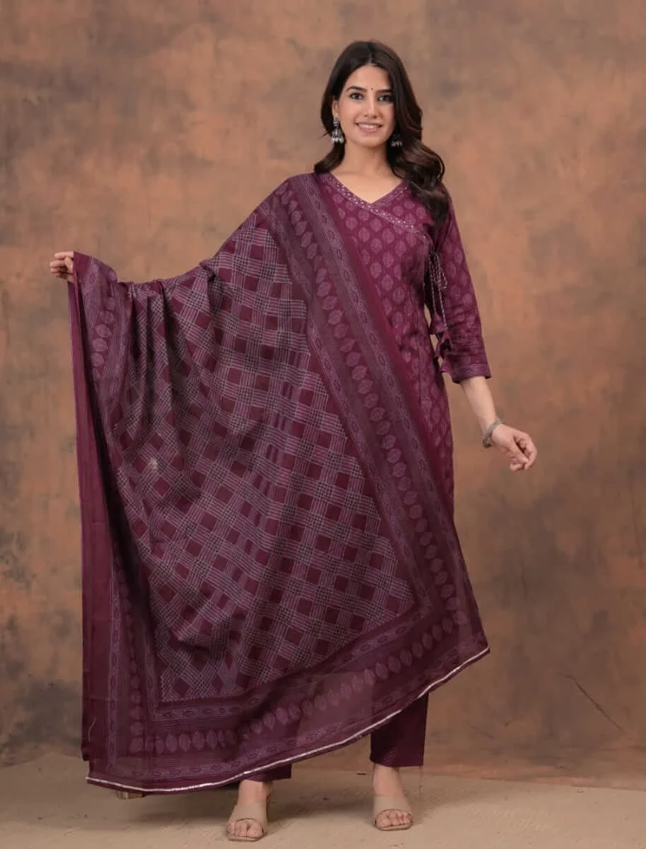Printed Cotton Floral Kurti Pant Dupatta Set
