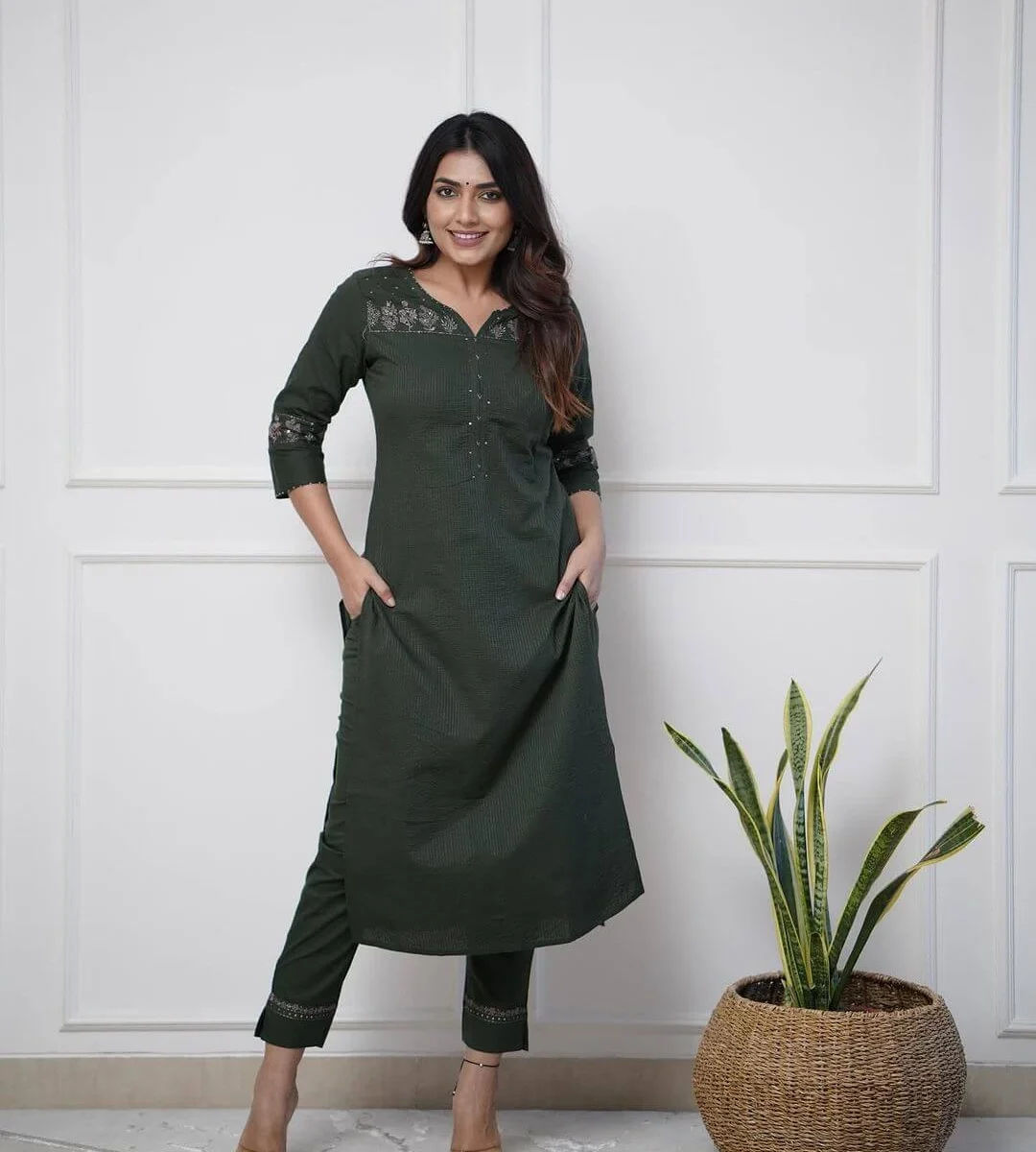Green Cotton Kurti Plazo Set​