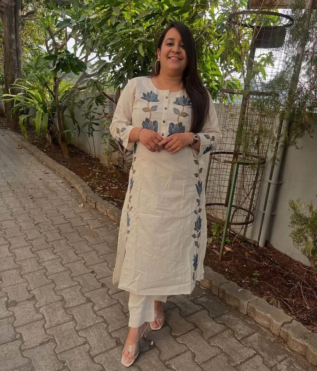 Cotton Printed White Kurti Pant Set