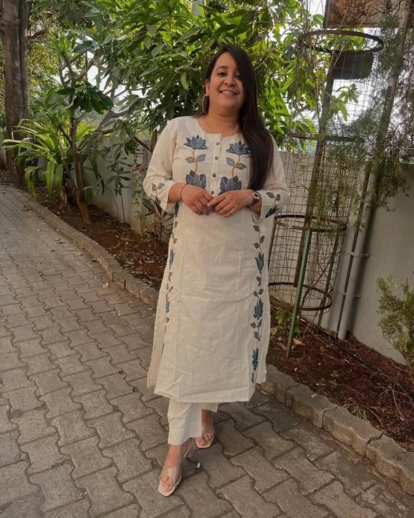 Cotton Printed White Kurti Pant Set