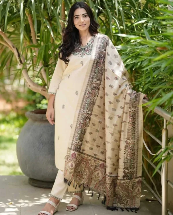 Off White Handloom Cotton Suit Set