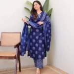 Floral Printed Blue Cotton Suit Set