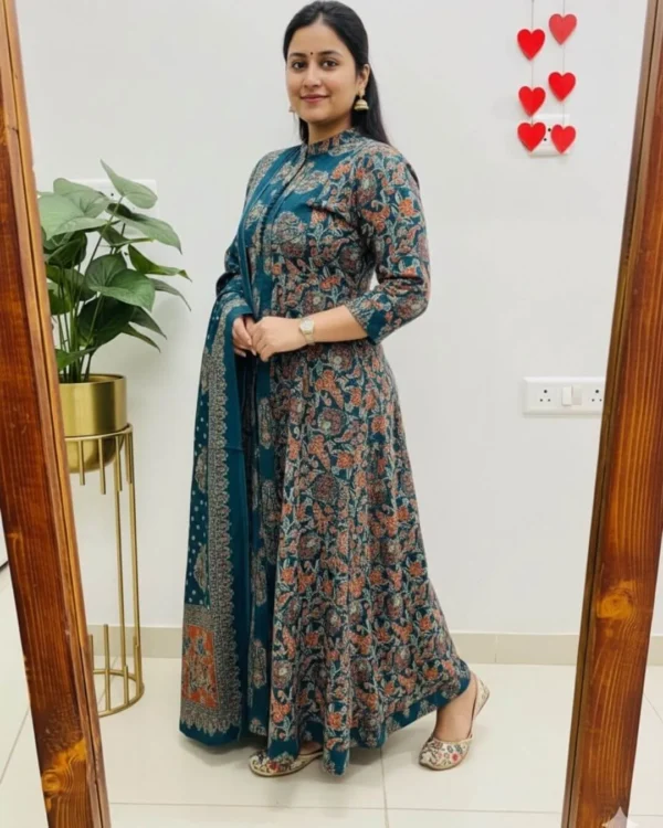 Cotton Blue Sanganeri Print Anarkali Suit Set
