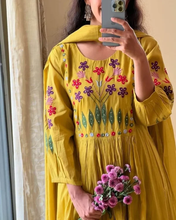 Cotton Embroidered floral Anarkali Suit Set