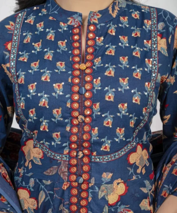 Printed Floral Blue Cotton Suit Set