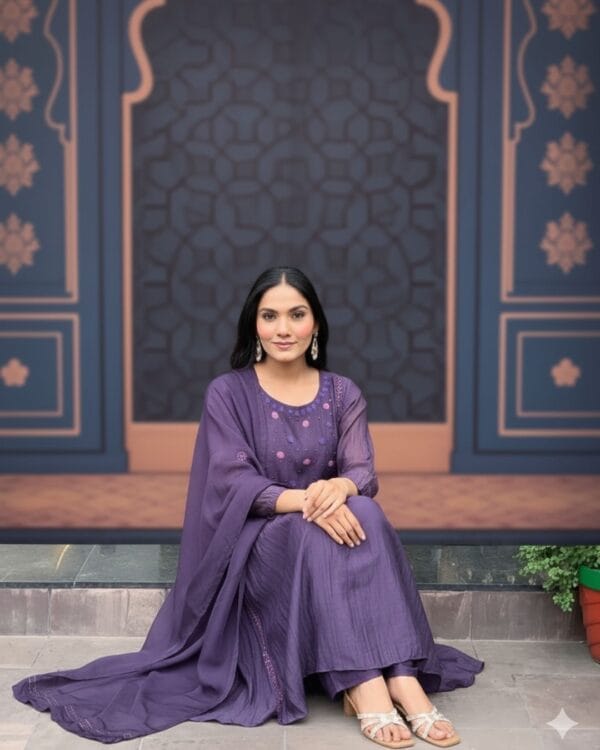 Purple Cotton Printed Suit Set