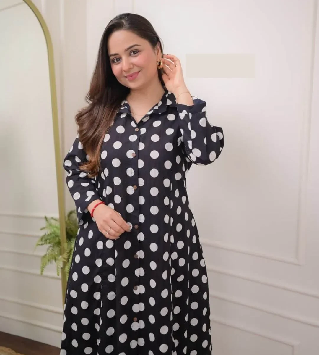 Black Cotton Polka Dot Kurti Pant Set