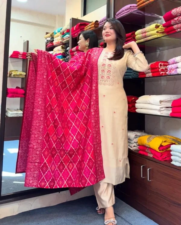 Party Wear Banana Silk Kurti Pant Dupatta Set