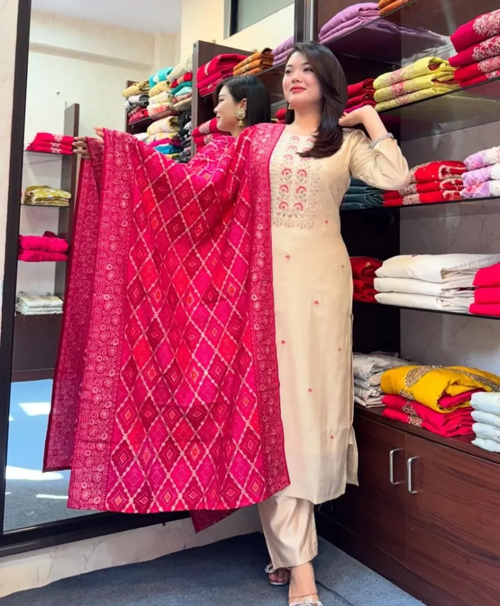 Party Wear Banana Silk Kurti Pant Dupatta Set