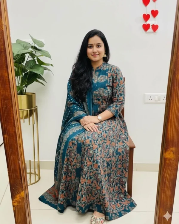 Cotton Blue Sanganeri Print Anarkali Suit Set