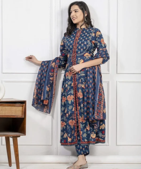 Printed Floral Blue Cotton Suit Set