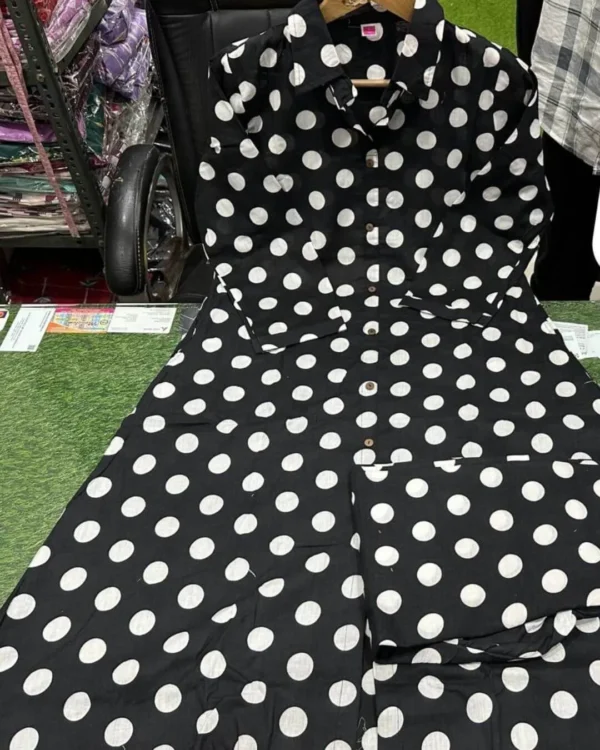 Black Cotton Polka Dot Kurti Pant Set