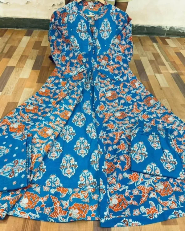 Cotton Blue Sanganeri Print Anarkali Suit Set