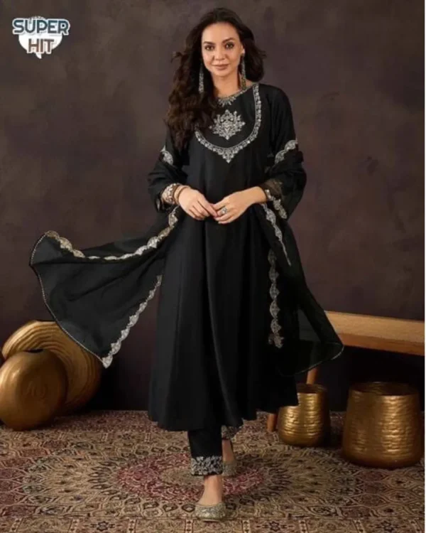 Black Party Wear Silk Suit Set