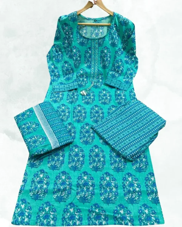 Cotton Sky Blue Kurti Pant Dupatta Set 1