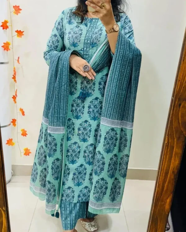 Cotton Sky Blue Kurti Pant Dupatta Set