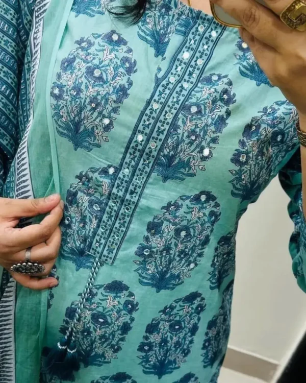 Cotton Sky Blue Kurti Pant Dupatta Set Front Side
