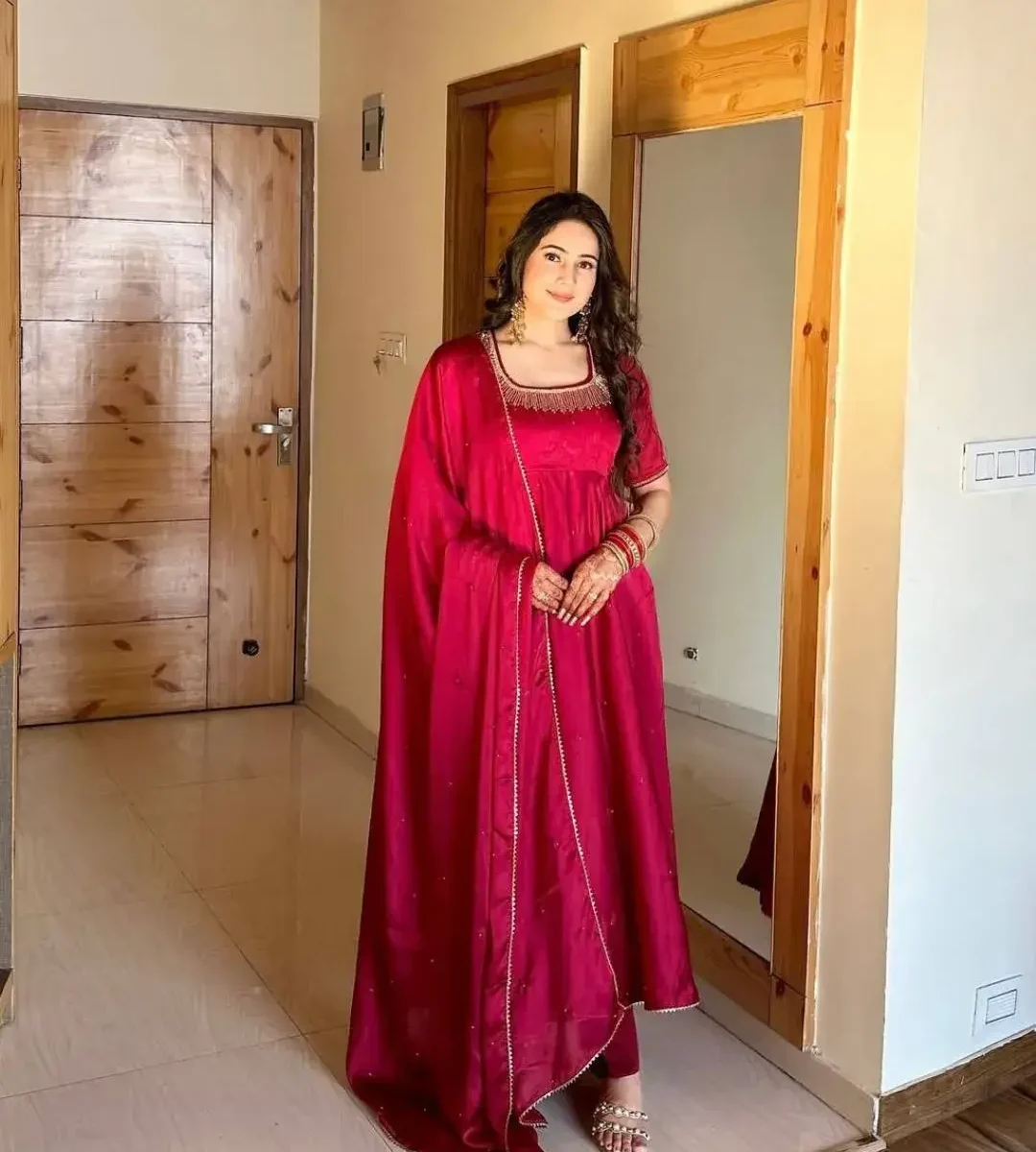 Flared Party Wear Red Suit Set