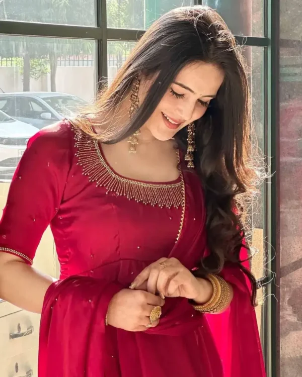 Flared Party Wear Red Suit Set Front Side