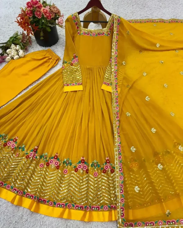 Flared Party Wear Yellow Suit Set