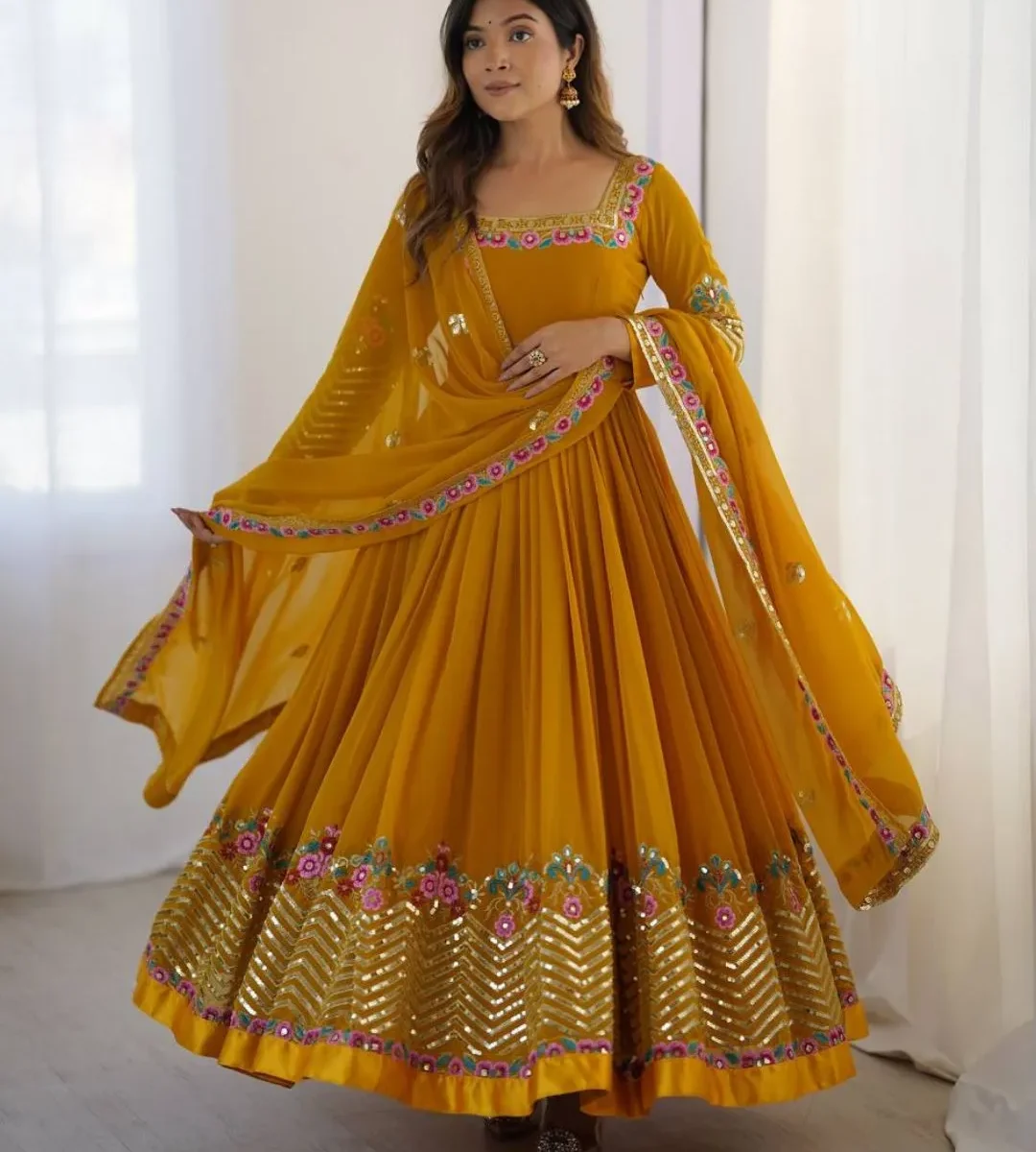 Flared Party Wear Yellow Suit Set