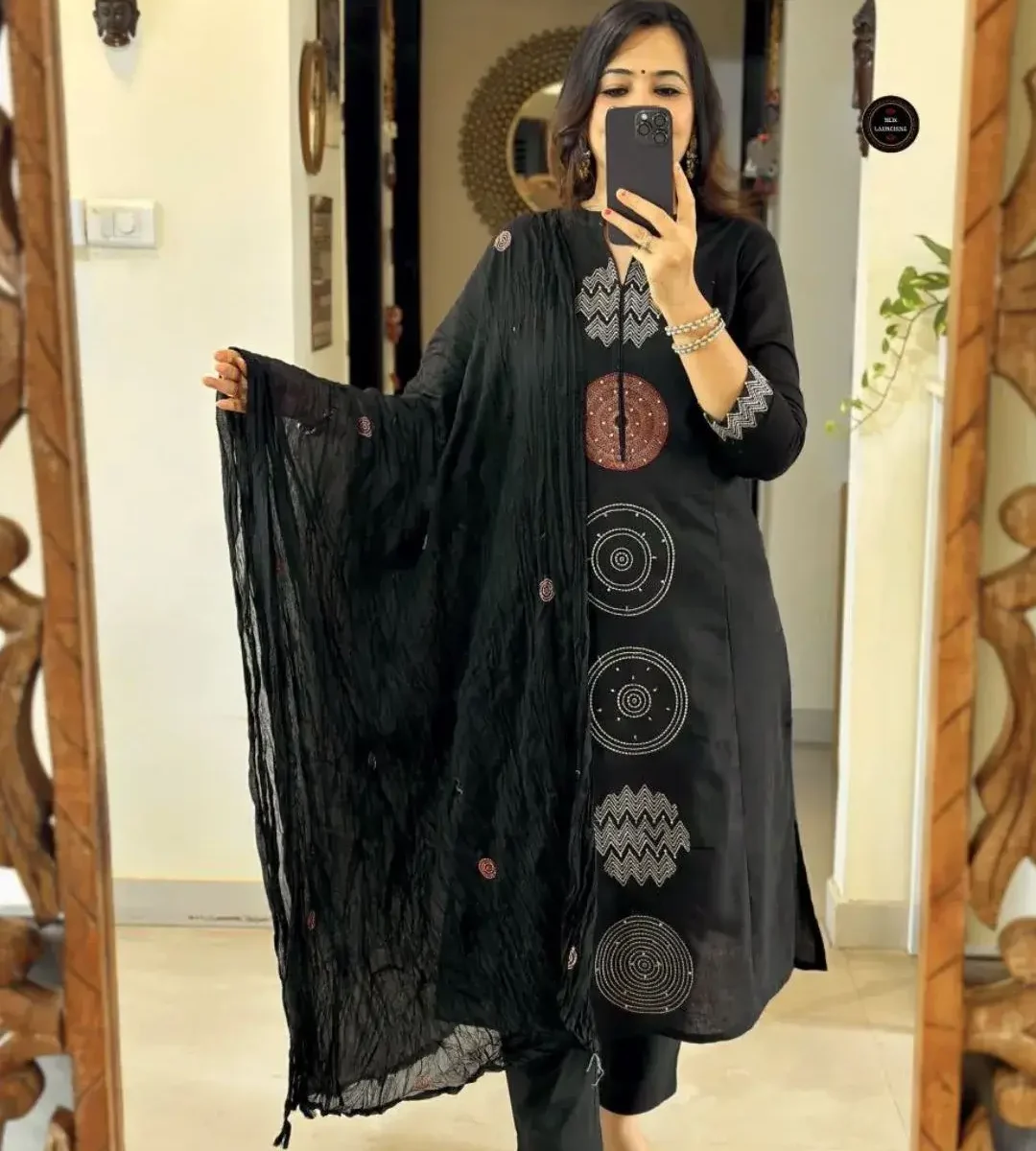 Floral Print Black Cotton Salwar Suit Set