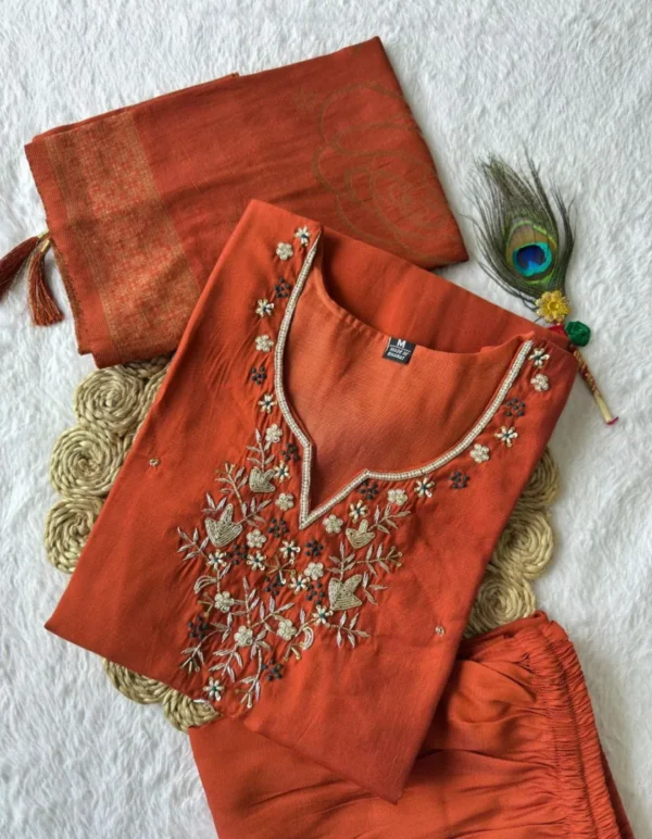 Orange Silk Kurti Pant Dupatta Set 1