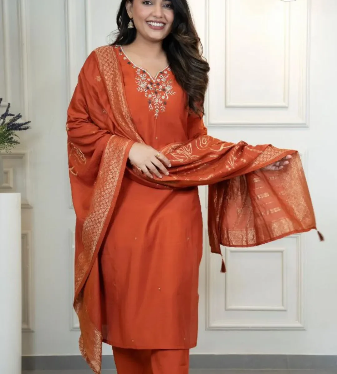 Orange Silk Kurti Pant Dupatta Set
