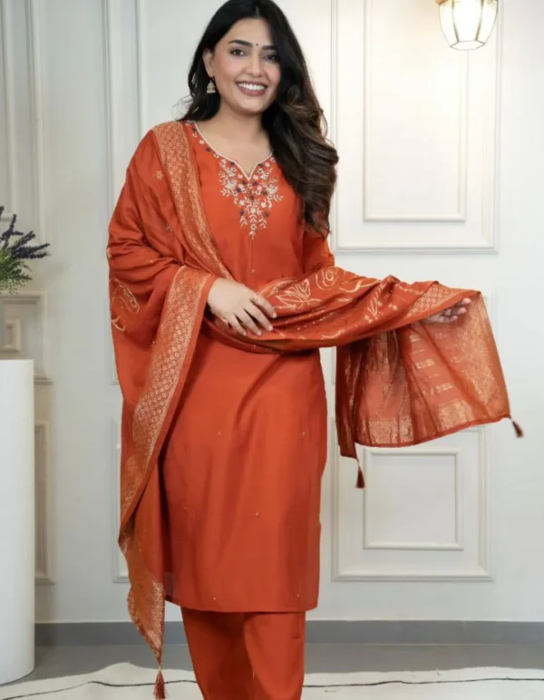 Orange Silk Kurti Pant Dupatta Set