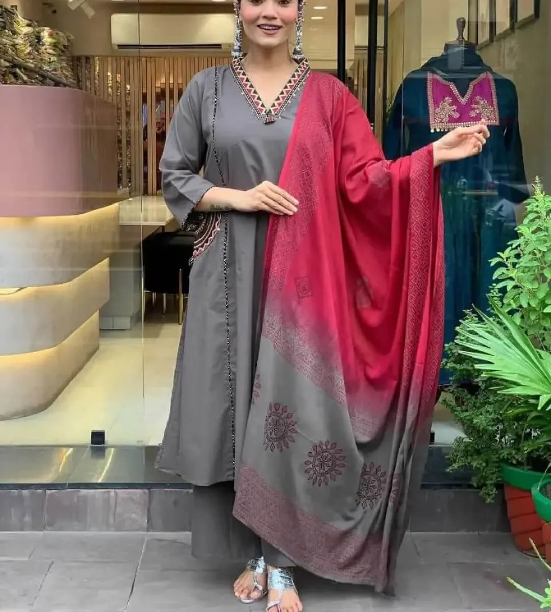 Cotton Grey Kurti Pant Dupatta Set