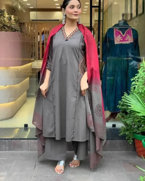 Cotton Grey Kurti Pant Dupatta Set