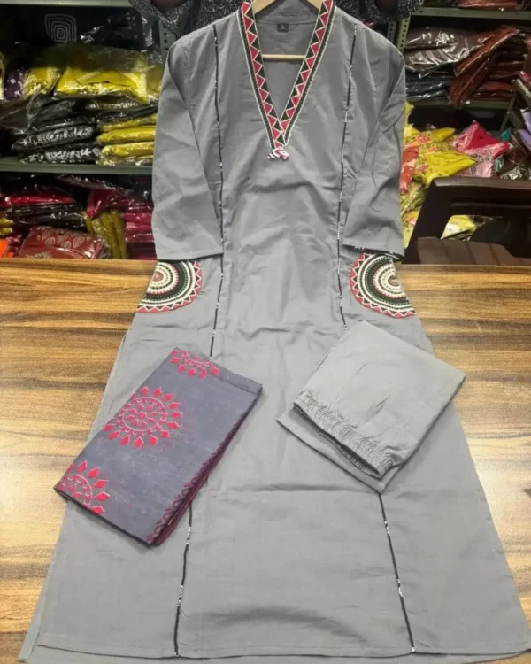Cotton Grey Kurti Pant Dupatta Set