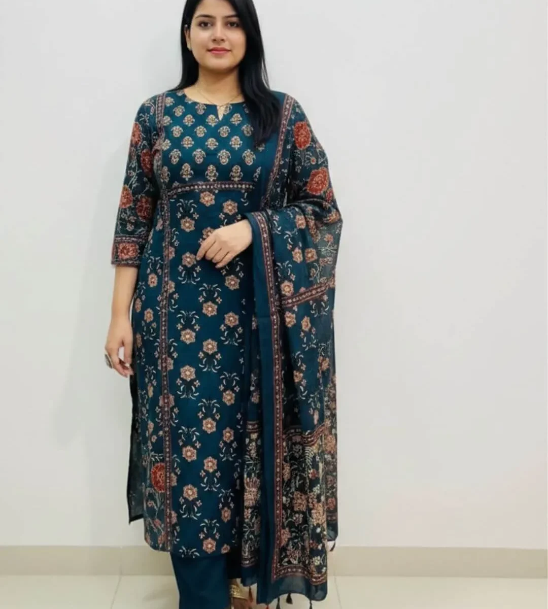 Printed Cotton Blue Kurti Pant Dupatta Set