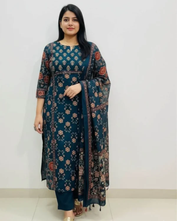 Printed Cotton Blue Kurti Pant Dupatta Set