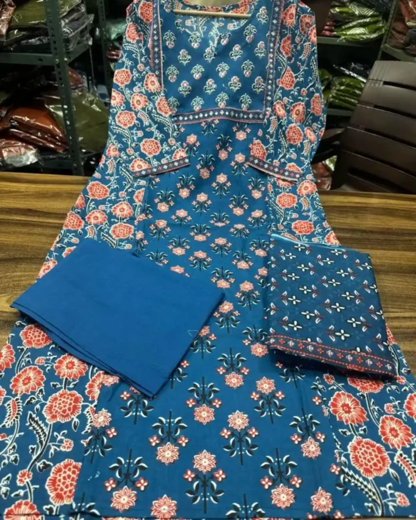 Printed Cotton Blue Kurti Pant Dupatta Set