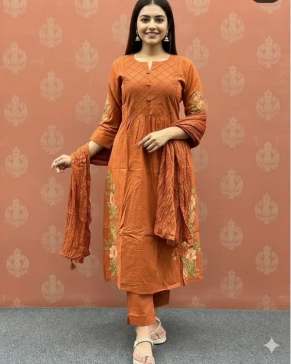 Cotton Orange Kurti Pant Dupatta Set