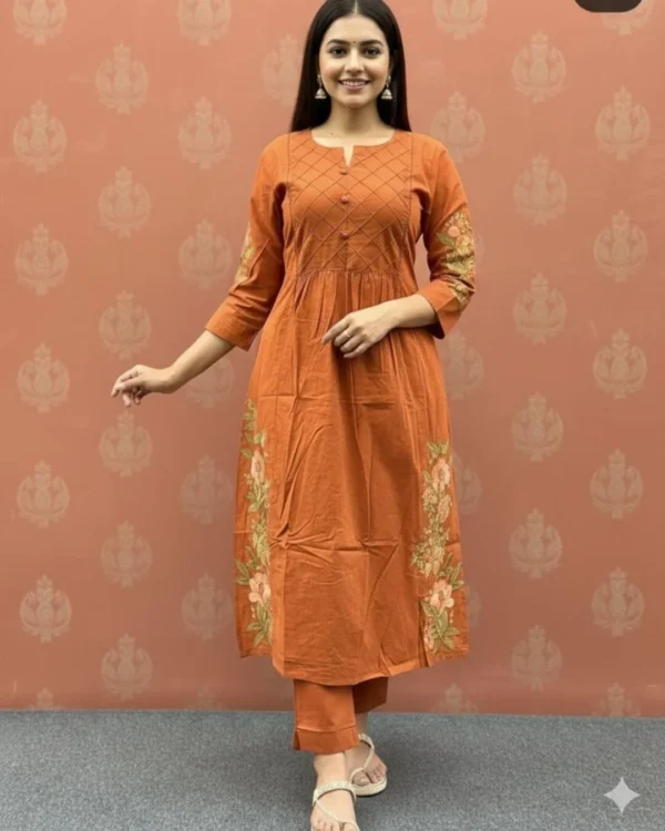 Cotton Orange Kurti Pant Dupatta Set