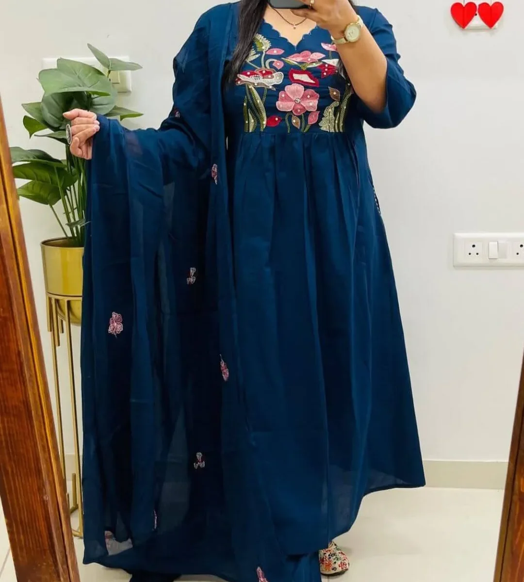 Floral Printed Blue Cotton Suit Set