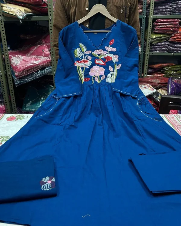 Floral Printed Blue Cotton Suit Set