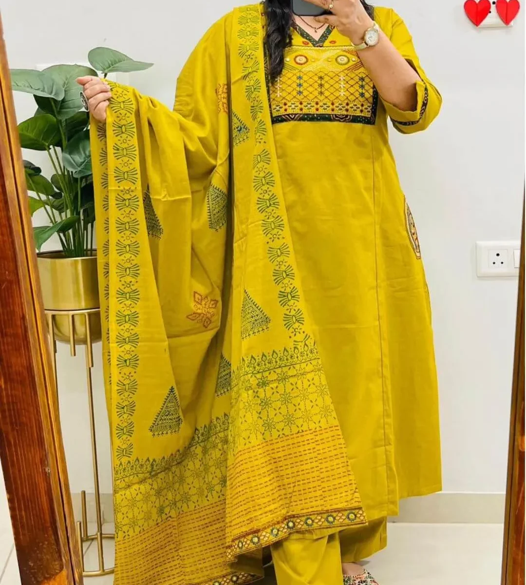 Floral Printed Cotton Yellow Suit Set