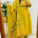 Floral Printed Cotton Yellow Suit Set