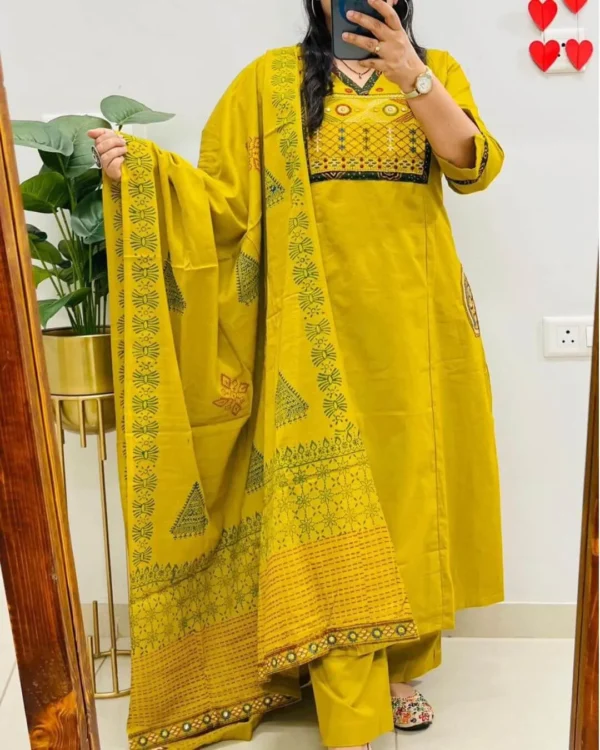 Floral Printed Cotton Yellow Suit Set