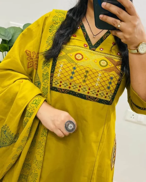 Floral Printed Cotton Yellow Suit Set