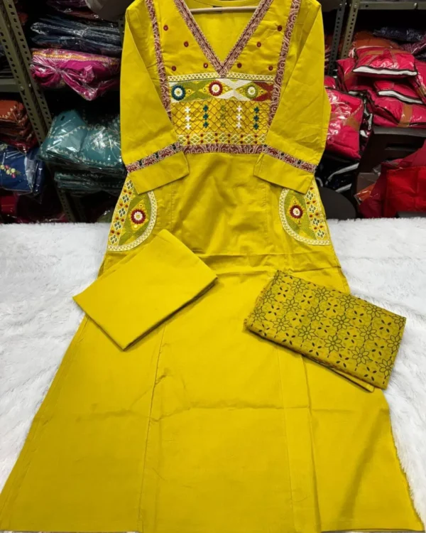 Floral Printed Cotton Yellow Suit Set